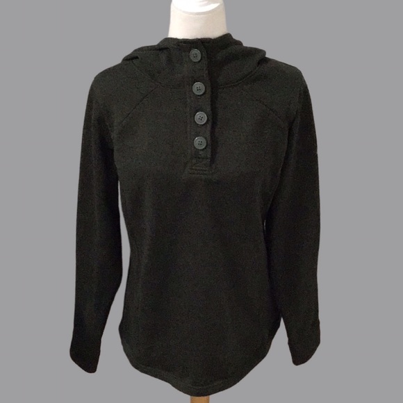 COLUMBIA Dark Green & Black Heather Pullover Hoodie Sweater 4 Large Buttons, L - Picture 7 of 12